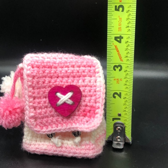 Bubblegum Pink & White Crochet Mini Backpack Keychain w/ Pom Poms, Heart Button - Picture 13 of 14